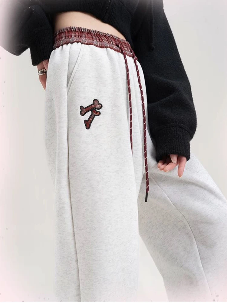 韓国スポーツ子犬刺繍ワイドレッグパンツ女性パッチワーク甘い初秋ズボン原宿ルーズカジュアルレースアップパンツ