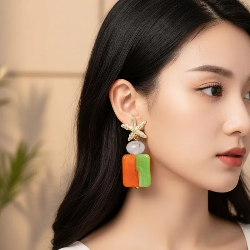 Gradient Resin Square Texture Patchwork Earrings for Women Retro Creative Personality Earrings Vacation Female Jewelry