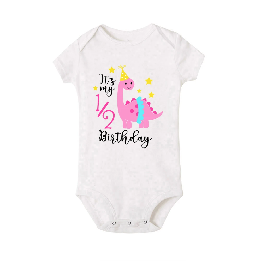 It\'s My 1/2 Birthday Dinosaur Print Baby Bodysuit Newborn Short Sleeve Jumpsuit Toddler Party Romper Clothes Infant Shower Gift