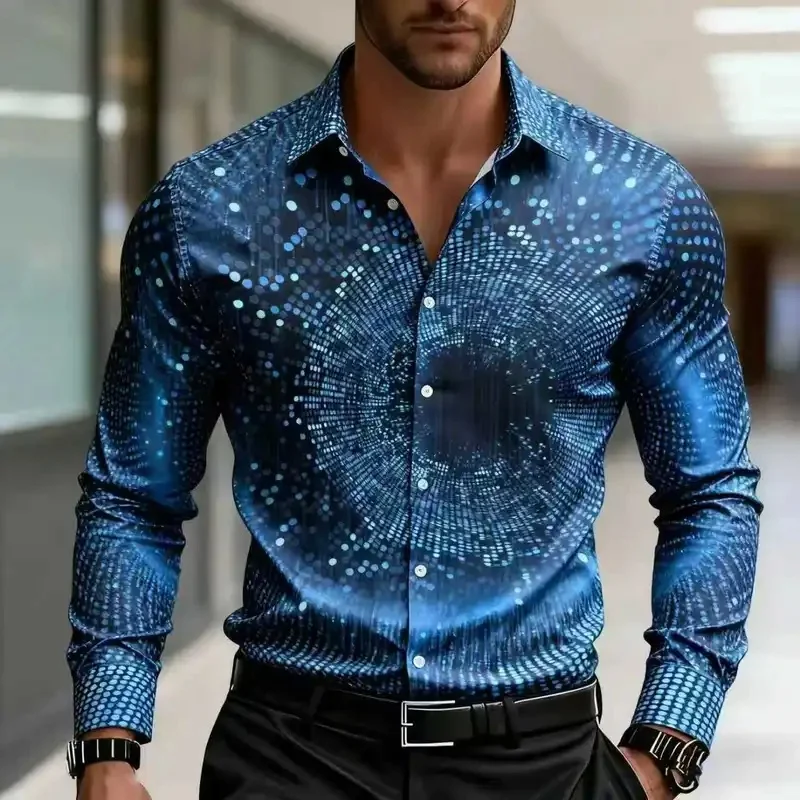 Men's Geometric Patterned Long Sleeved Shirt, Elegant Button Up Shirt, Modern Fan-Shaped and Striped Pattern, 3D Printed