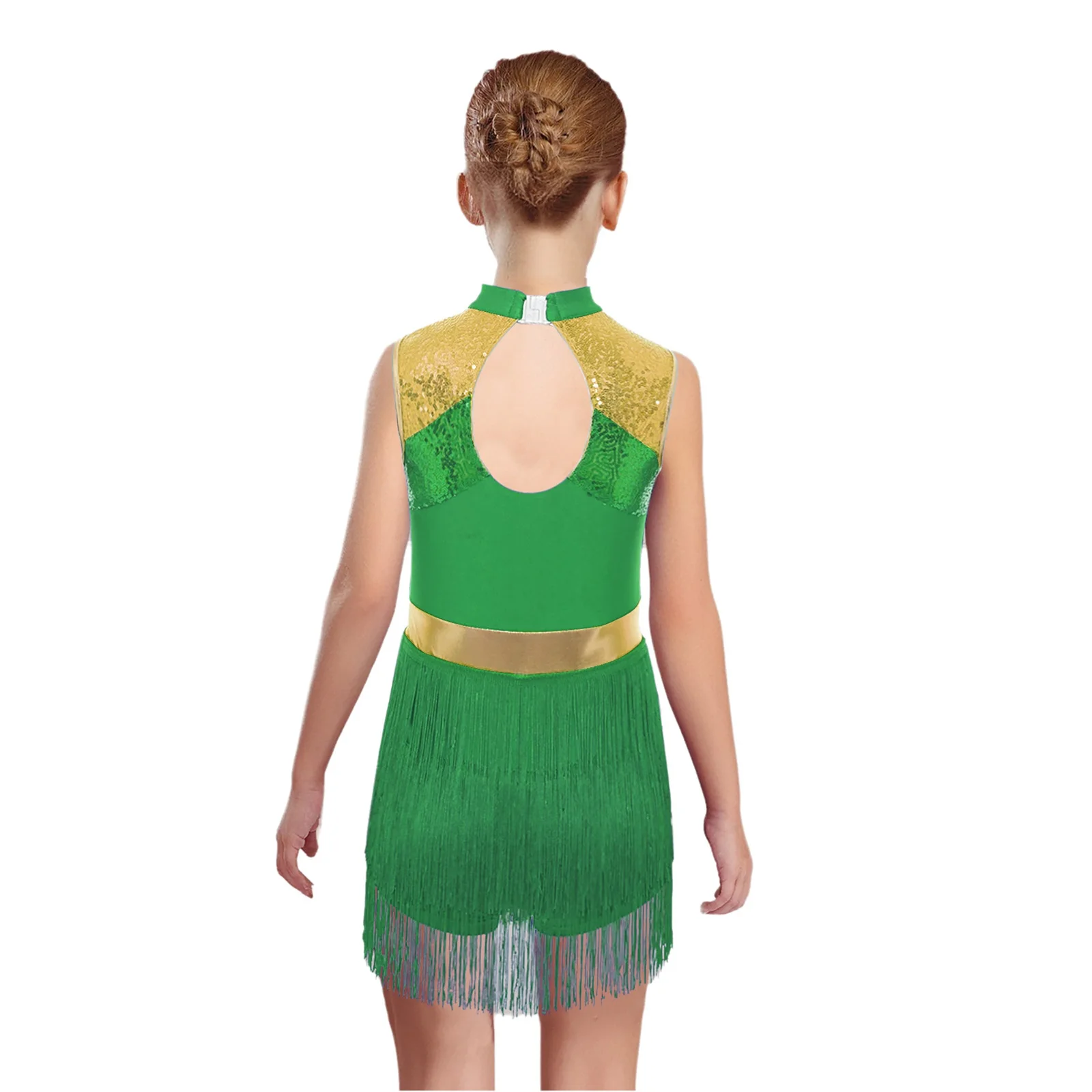 Kids Girls Latin Jazz Dance Dresses Mock Neck Sleeveless Shiny Sequins Color Block Tassels Skirted Leotard Dress for Performance