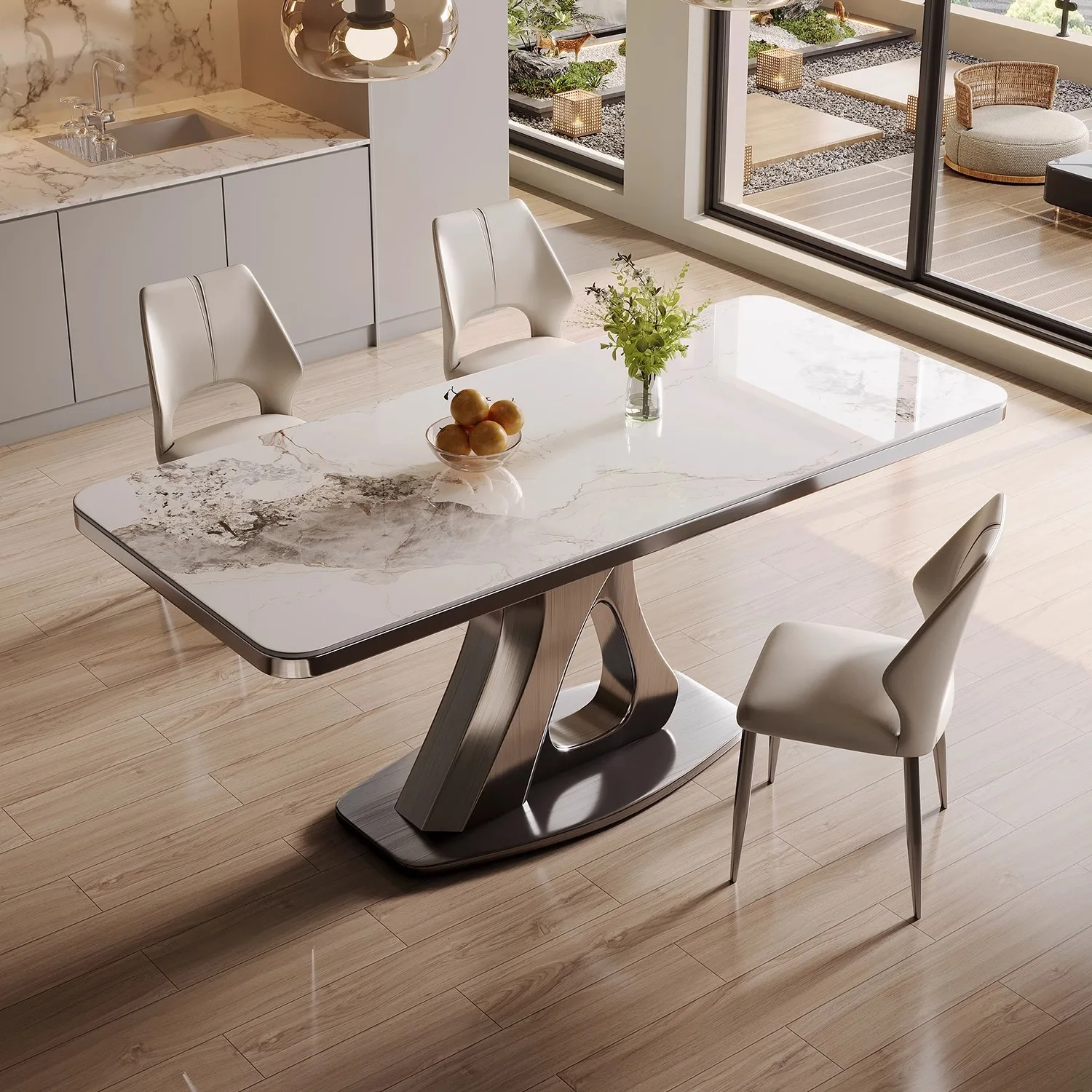 ae-2026 New High-End Designer Square Sintered Stone Dining Table Stainless Steel Frame Modern Minimalist Adjustable Living Room