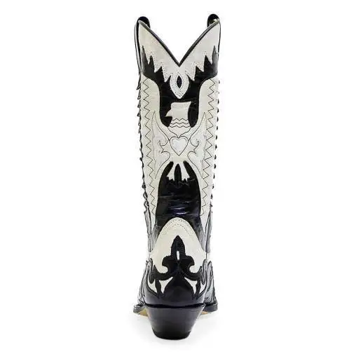 Black White Patchwork Wings Embroidery Men Mid Boots Wooden Chunky Heels Slip On British Boots for Man Vintage Botas Hombres