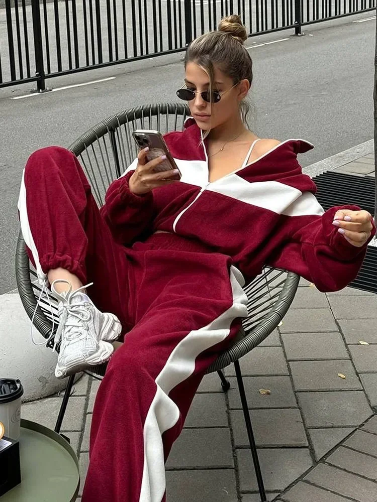 

Trendy Woman Contrast Patchwork High Waist Pants Suit Cropped Zipper Long Sleeve Sport Top Set 2025 Women Autumn Commuter Outfit