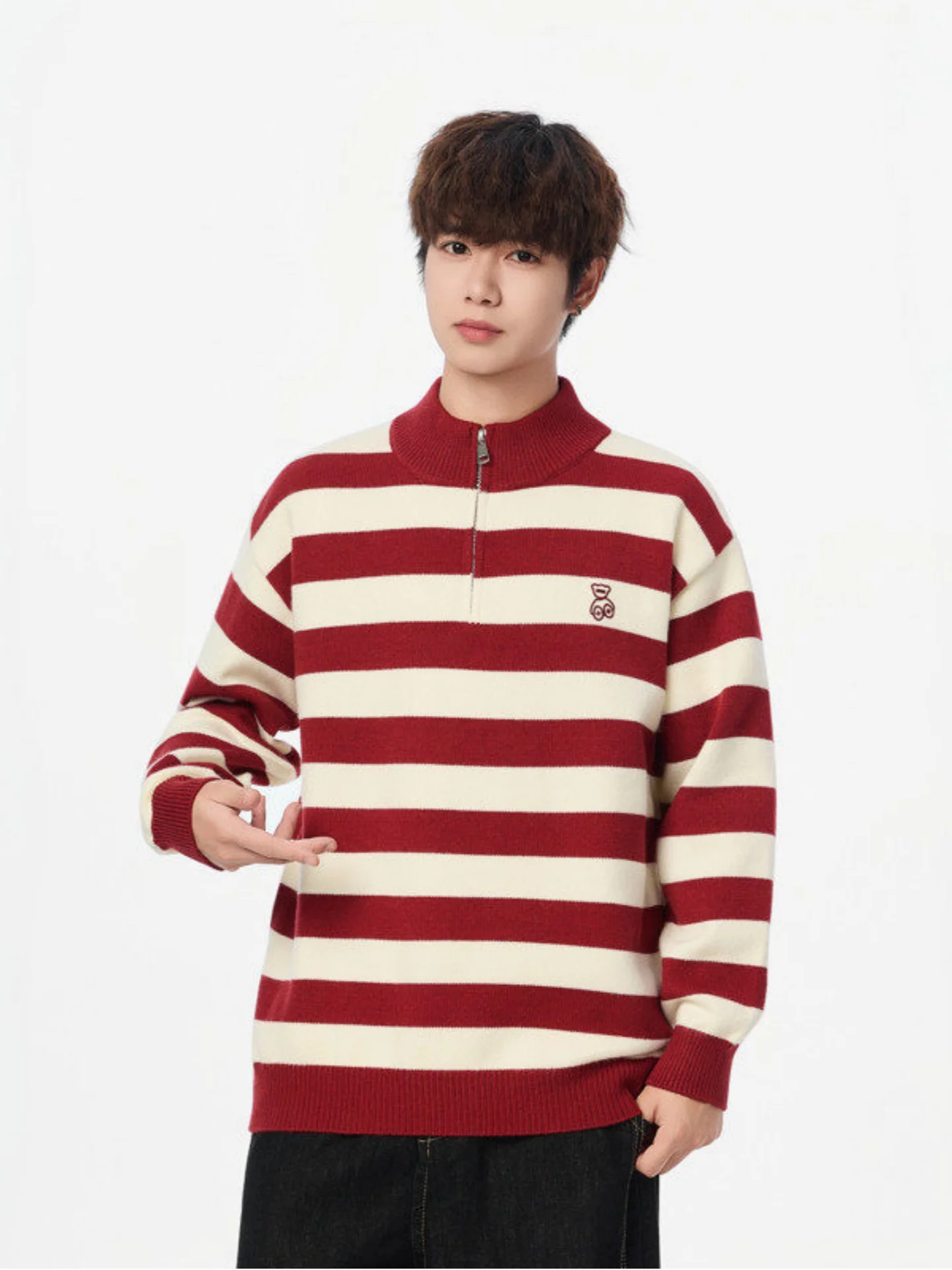 

Мужской вязаный свитер Color Blo в полоску с молнией, свободный крой, осенний повседневный топ, молодежный модный мягкий свитер из полиэфирного волокна для прогулок