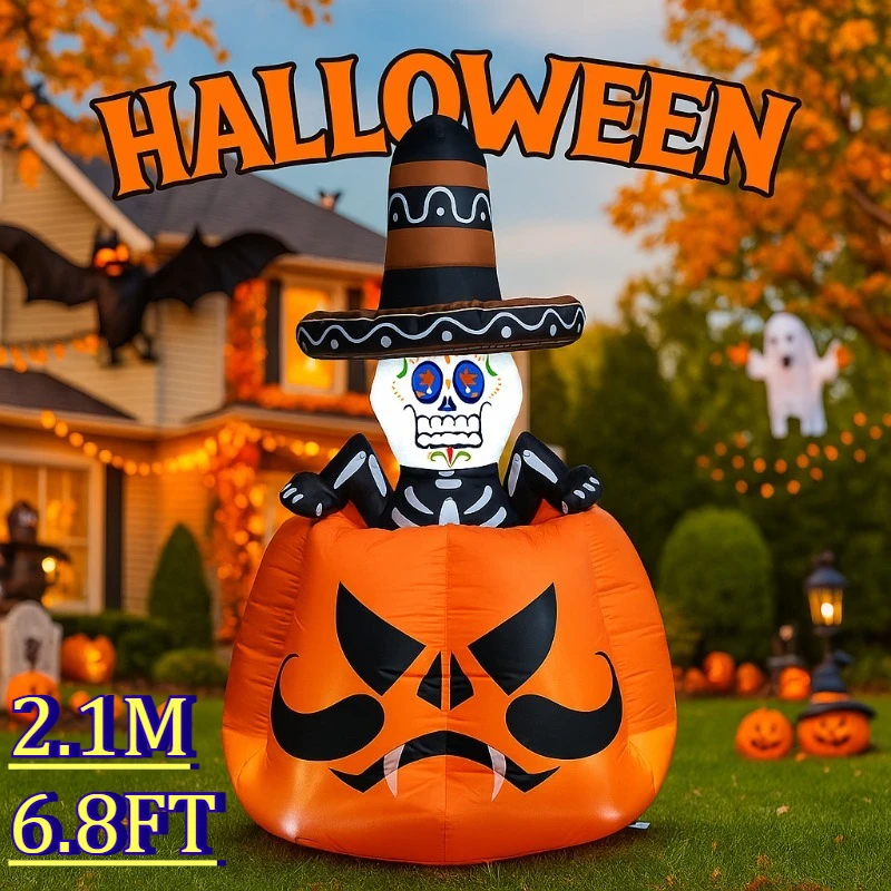 Juguete inflable de Halloween de 6,8 pies, esqueleto animado para hombre en la calabaza, inflable con LED integrados, decoración de jardín y patio al aire libre