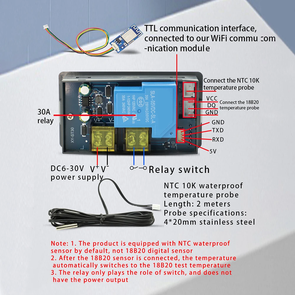 DC6-30V 30A WIFI Zdalna kontrola temperatury Wysoka precyzja kontrolera temperatury Chłodzenie Ogrzewanie APP Akwizycja temperatury