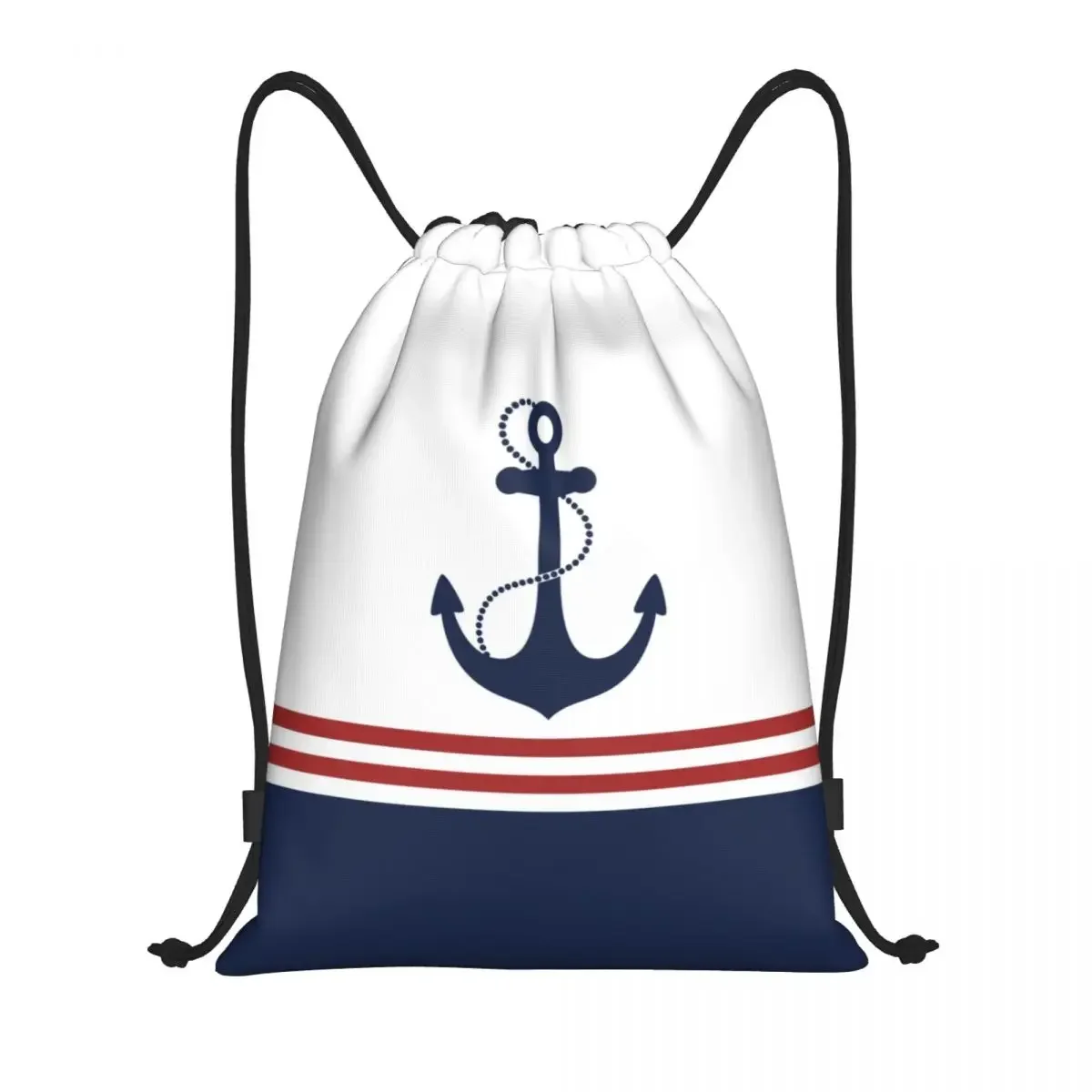 Custom Nautical Navy Blue Anchor With Stripes Drawstring Backpack Sports Gym Bag for Women Men Sailing Sailor Shopping Sackpack