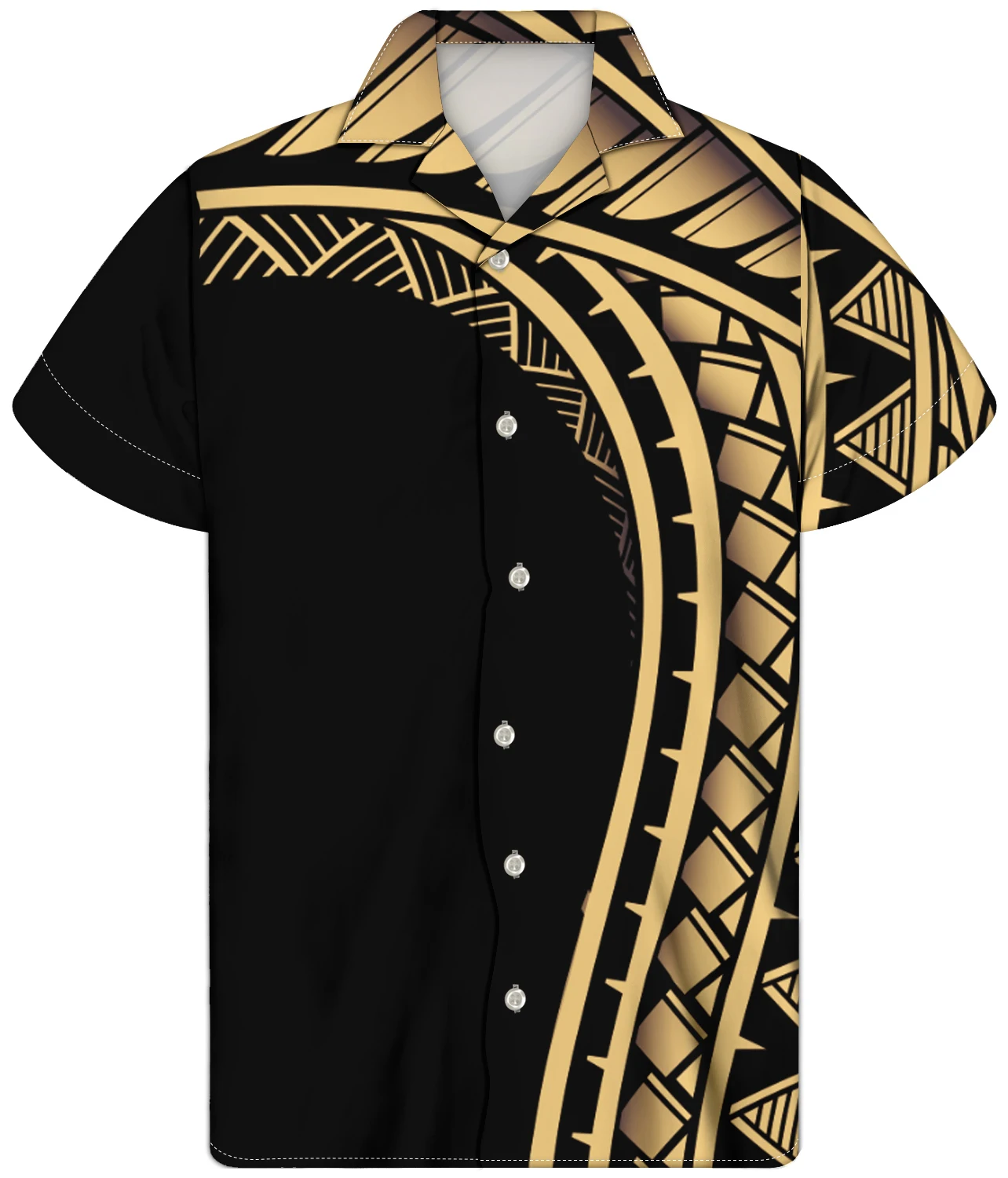 Polynesian totem men's short-sleeved shirt, frangipani tropical plant 3D print, loose-fitting lapel vacation shirt, summer top.