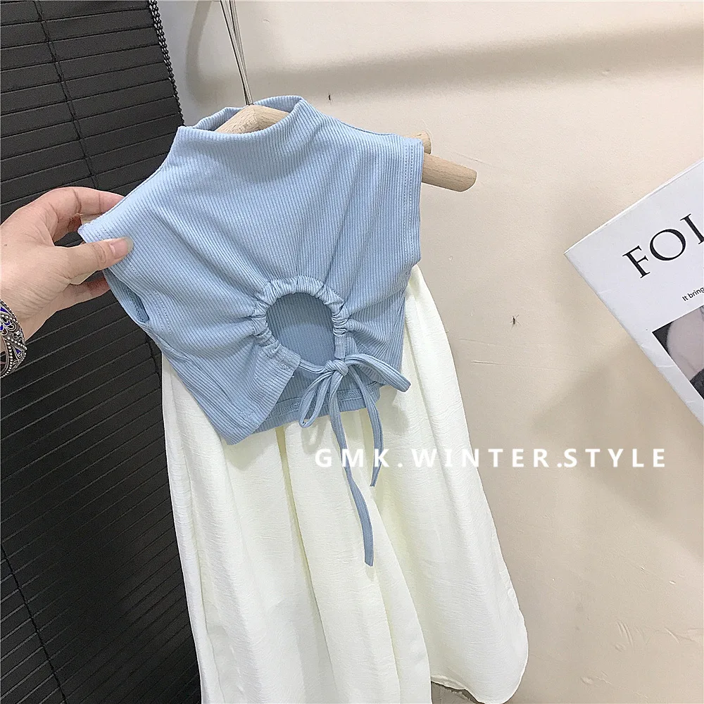 Childrens Sets Girls Backless T-shirt Summer New White Wide Leg Pants Fashion Two Pieces 2024 Solid Simple Blue Pleated