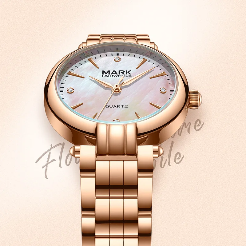 Mark Fairwhale Orologio da donna alla moda Semplice movimento al quarzo rosa Orologio da polso ghiacciato con quadrante di perle di lusso per regalo da donna
