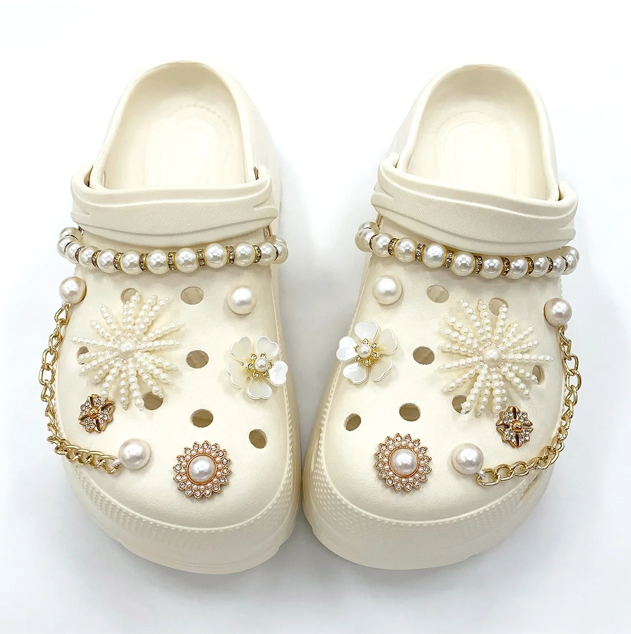 Goldene Blumen-Strass-Perlenkette als Schuhzubehör, DIY Abnehmbare Modische Schuhmodifikation, Lochschuh-Blume – Detail 6