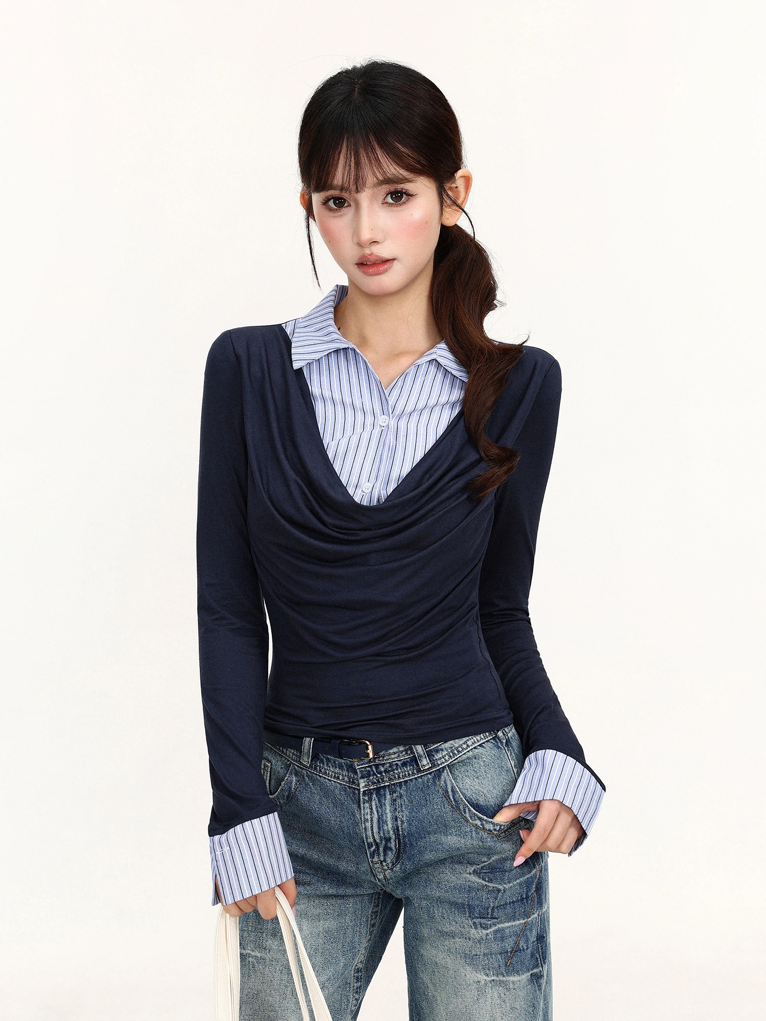Slim Fit Long Sleeve T-Shirt Women's Autumn Design Sense Biggold Flounce Neck False Two-Piece Top Thin Style Color Block Base...