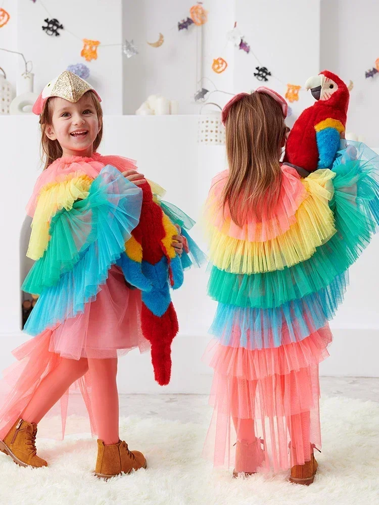 New Cute Girls Parrot Cloak Fancy Animal Cosplay Costumes Children Toddler Halloween Cosplay Kids Birthday Party Clothing Gifts