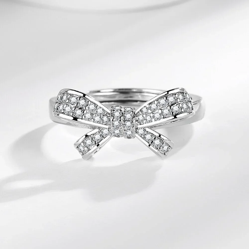 

925 Sterling Silver Light Luxury Fashion Bow Zircon Ring Opening Adjustable Birthday Anniversary Party Gift
