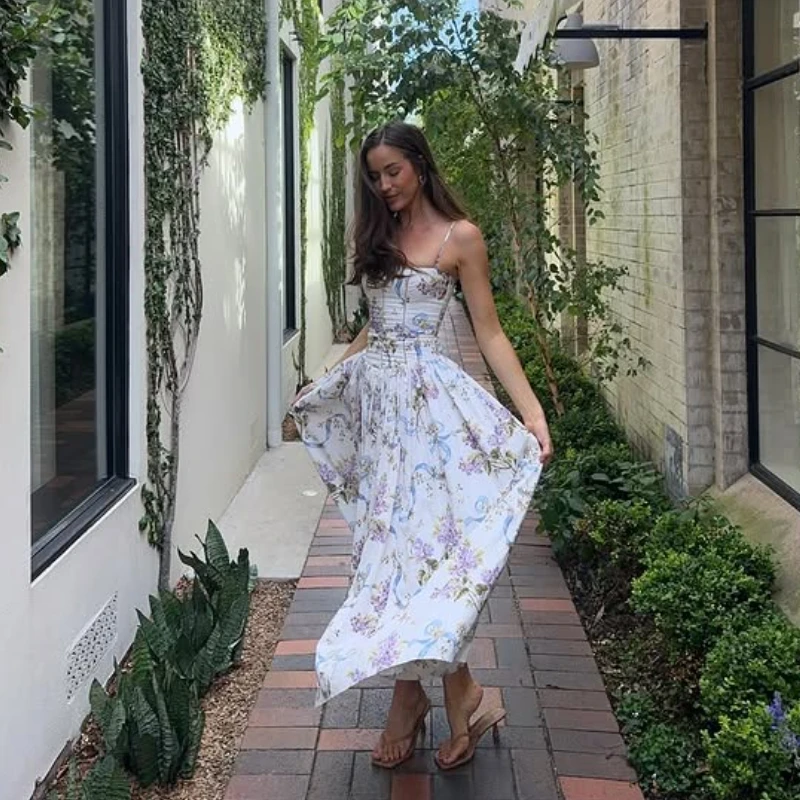 Oligai Summer Elegant Party Dresses 2024 New Arrivals Floral Print Spaghetti Strap Long Dresses One-piece Graduation Dress Women