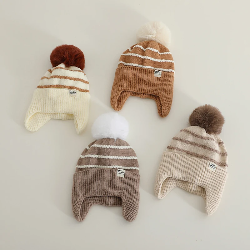 

Fluffy Fur Ball Baby Knitted Ear Protection Hat Fashion Striped Kids Earmuffs Cap Winter Warm Children Woolen Beanies 1-3Year