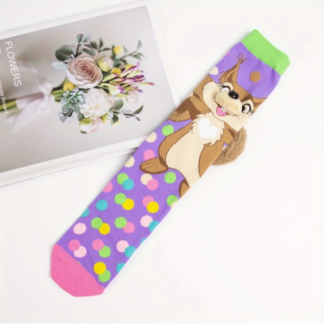 1 pair of fashionable cartoon color squirrel children\'s high socks, trendy girls socks, suitable for all seasons