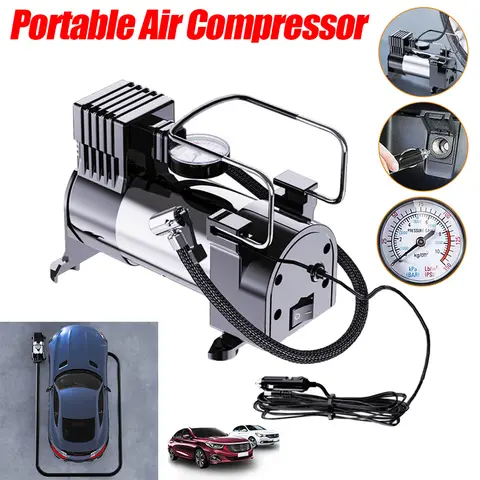 12V Car Tire Pump with Pressure Gauge Heavy Duty Tire Inflator Heavy Duty Deluxe Portable Metal Air Compressor Car Tyre Inflator