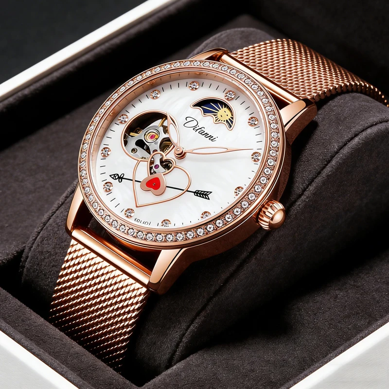 

reloj mujer Rose White Moon Phase Ladies Watches Automatic Mechanical Wristwatch Women Leather Strap Waterproof Fashion Clock