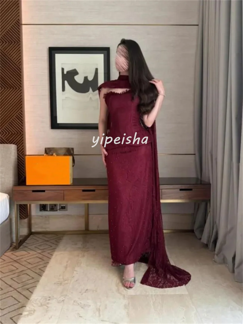 تخصيص مطابقة معقدة الدانتيل الطية Ruched اللؤلؤ الديكور مستقيم عالية الياقة فساتين متوسطة الطول فساتين مناسبة مخصصة رسمية