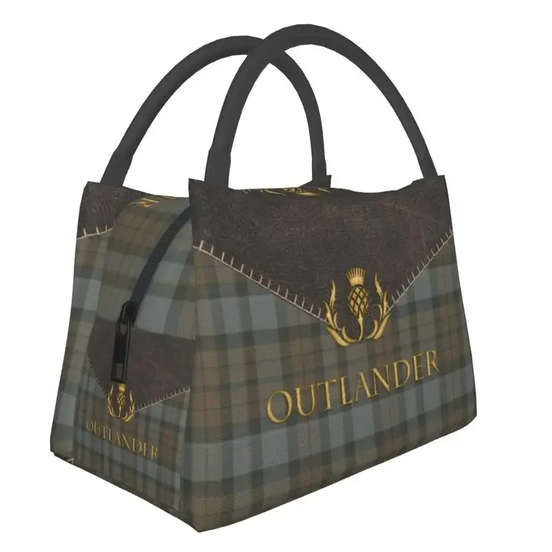 

Custom Outlander Leather And Tartan Resuable Lunch Box Women Leakproof Scottish Art Cooler Thermal Food Insulated Bag