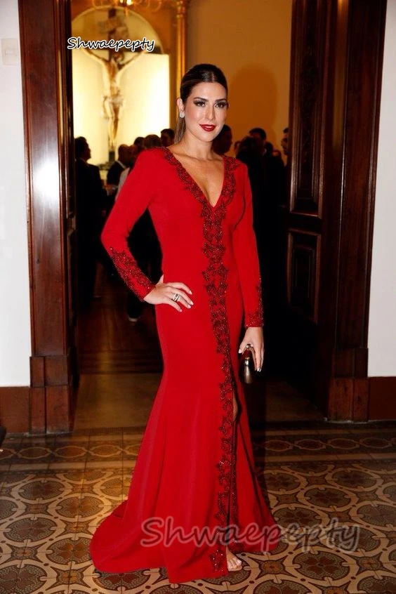 Elegante vestido de noche de sirena roja para mujer, manga larga, cuello en V, abertura frontal, vestido Formal para ocasiones, vestido de fiesta de celebridades, 2024