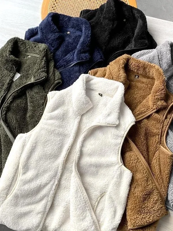 Double-Sided Coral Fleece Stand Collar Vest Men's Retro Soft Warm Pure Color Jacket Youth Casual Winter Fashion China Made