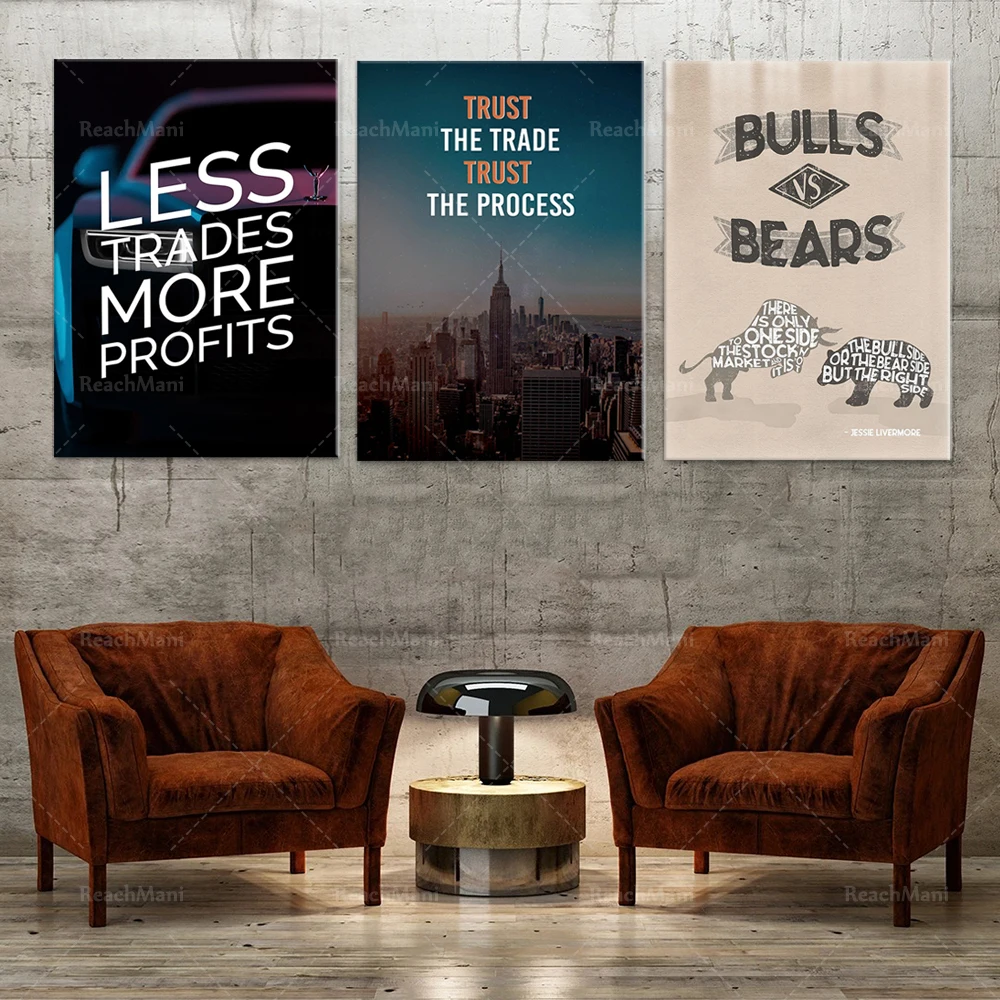 Bull and bear stock market poster, less trade, profit, trust trade. Trust process, stock market trade, wall street decoration