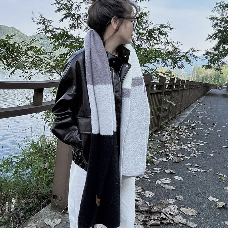 Fashion Dopamine Rainbow Striped Mohair Scarf for Women in Winter Soft and Warm Imitating Rabbit Fur Ball Long Shawl Scarf Wh9