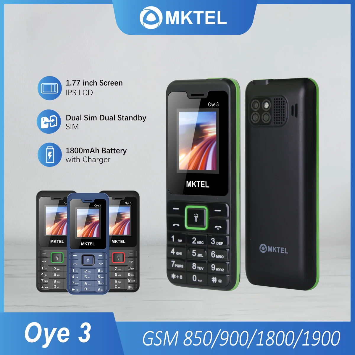 MKTEL OYE 3 Feature Phone 1.77inch Display 1800mAh Dual SIM Dual Standby MP3 MP4 FM Radio with Strong Torch Senior Phone