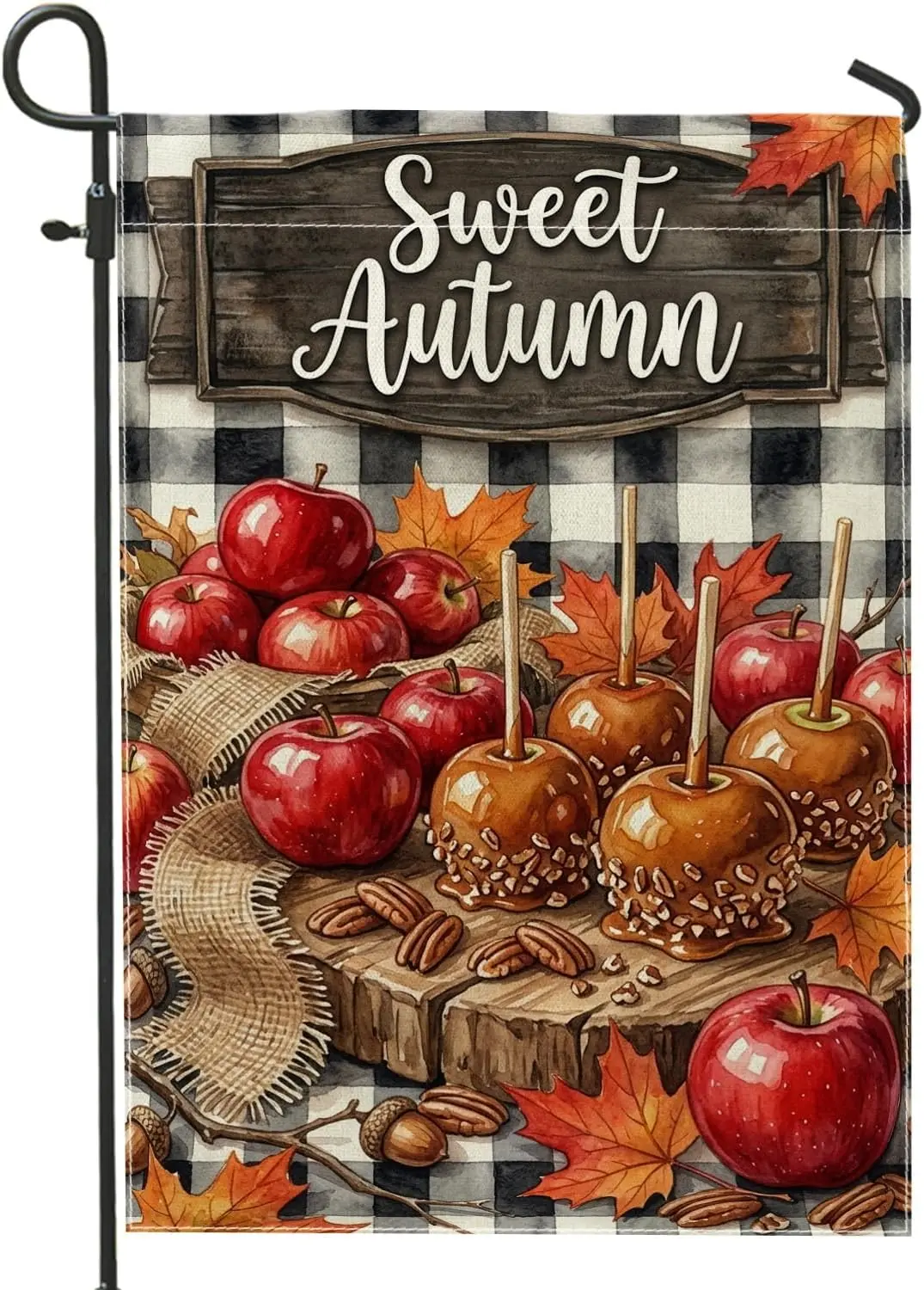 Apples Garden Flag, Rustic Seasonal Caramel Apples Leaves Fall Red Burlap Double Sided Decorative Outside Flags