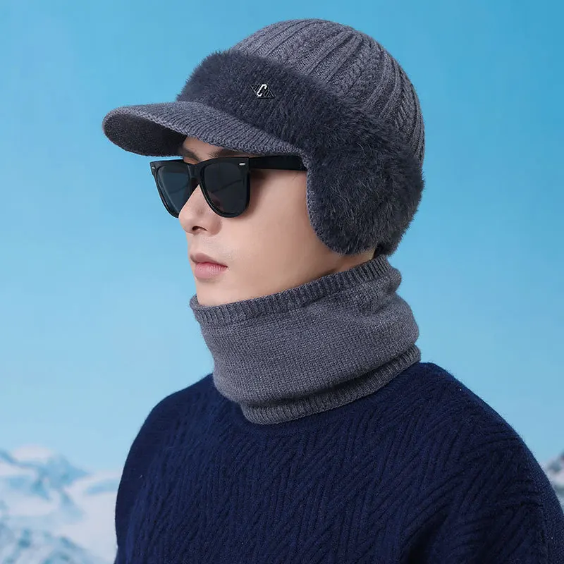 مجموعة قبعة ووشاح محبوكة للرجال - شتوية مبطنة بالمخمل ومقاومة للبرد للرياضات الخارجية وركوب الدراجات والمشي لمسافات طويلة وإكسسوارات ترفيهية مقاومة للرياح