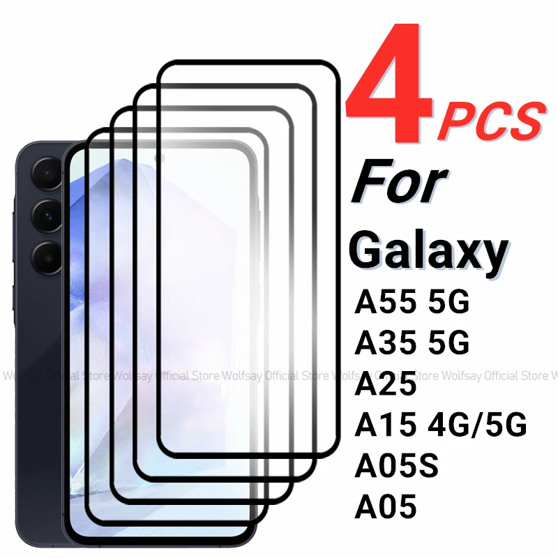 2/4PCS Tempered Glass For Samsung Galaxy A55 Screen Protector Samsung Galaxy A05S A15 A25 A35 A55 5G Full Glue Glass Galaxy A55