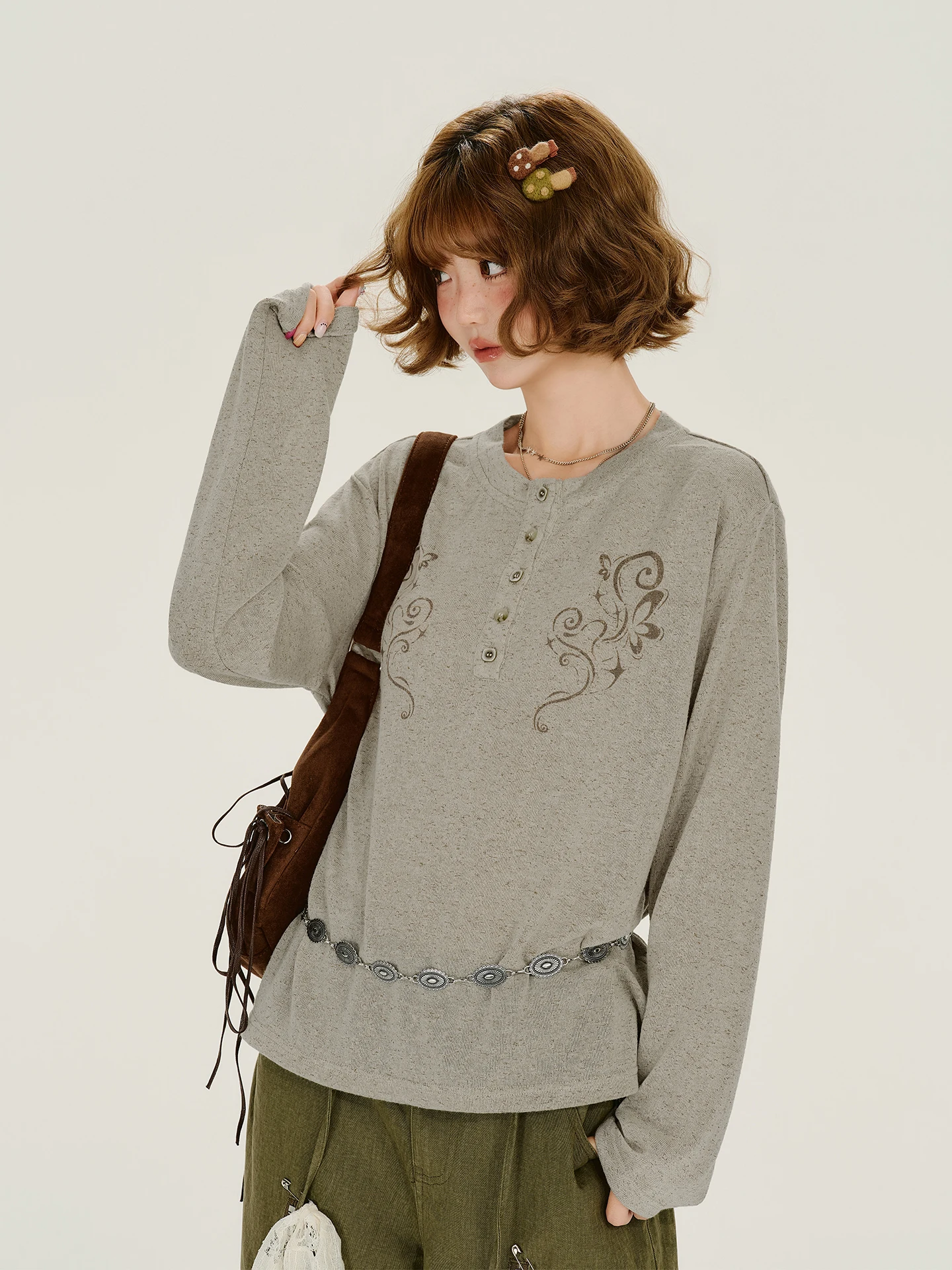Girlyhalo American Retro Long Sleeve T-Shirt Women's Loose Casual Feel Henry Collar Printed Top Autumn New Style