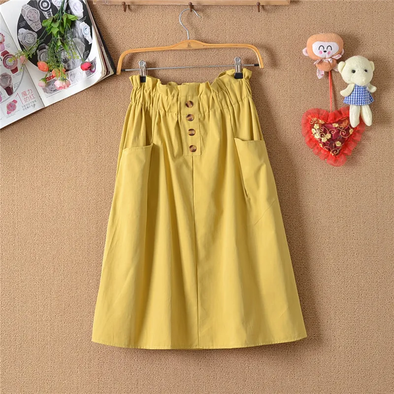 Elastic Waist Midi Skirt Women's Korean Style Pure Color Button Casual Washed Cotton Skirts Spring Summer Autumn Fashion
