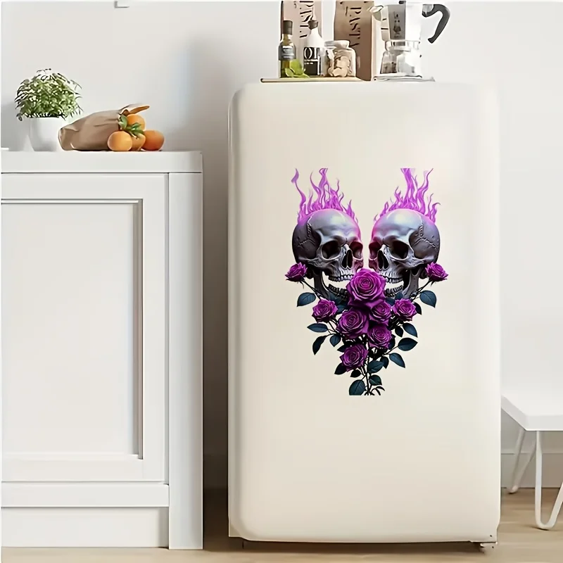 Gothic Purple Flame Double Skull Purple Rose Vinyl Decal, Waterproof UV Resistant Sticker for Car Window Helmet Luggage Decor view 4