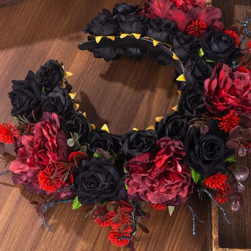 Barock Stil Blumen Stirnband mit Stoff Stoff Rosen für Frauen Gothic Hochzeit Haarschmuck Dunkelschwarz Rot Y08E – Detail 5