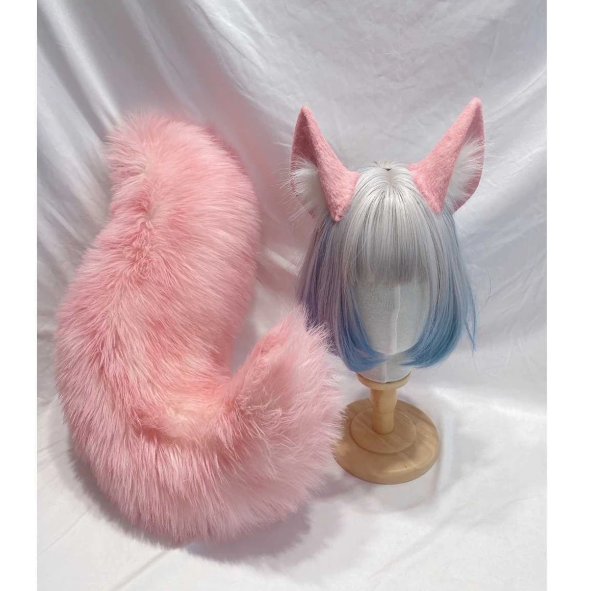 

Handmade Plush Pink Fox Headband Cosplay Simulation Pink Fox Tail Beast Ear Tail Set Comic Exhibition Props Accessory