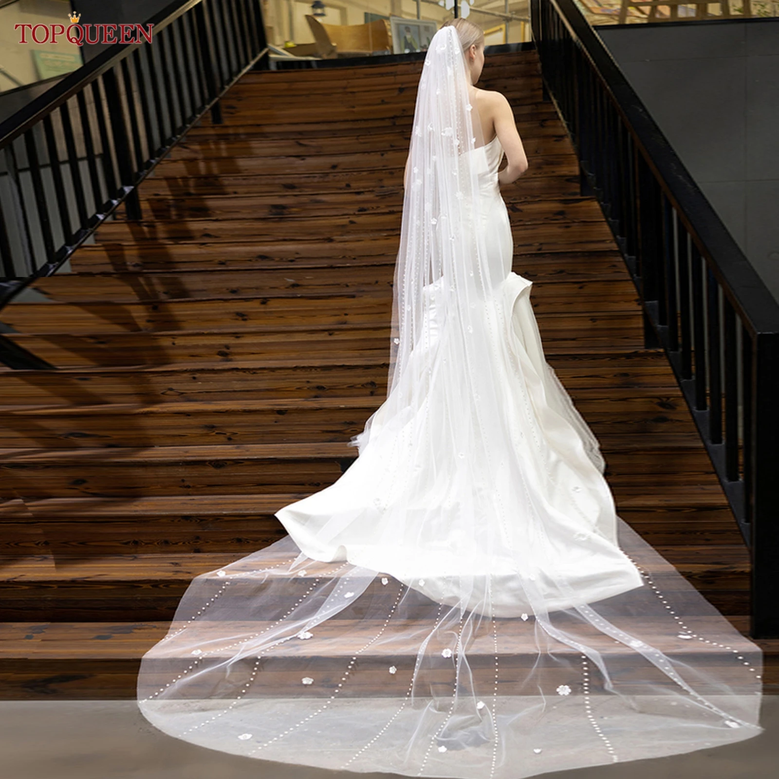 

Свадебная фата TOPQUEEN V193 с имитацией жемчуга и 3D-цветами, свежая и элегантная, несколько вариантов размеров