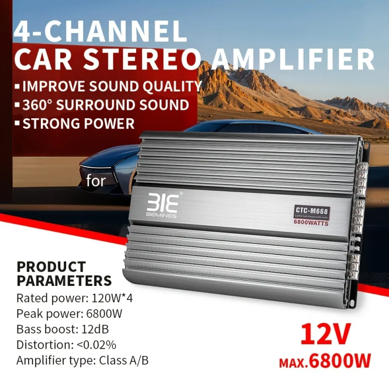 MAX.6800W CarA/BClass4Channel vehicle-mounted amplifier，12VStereo Audio Amplifier，High heat dissipation performance，Powerful per