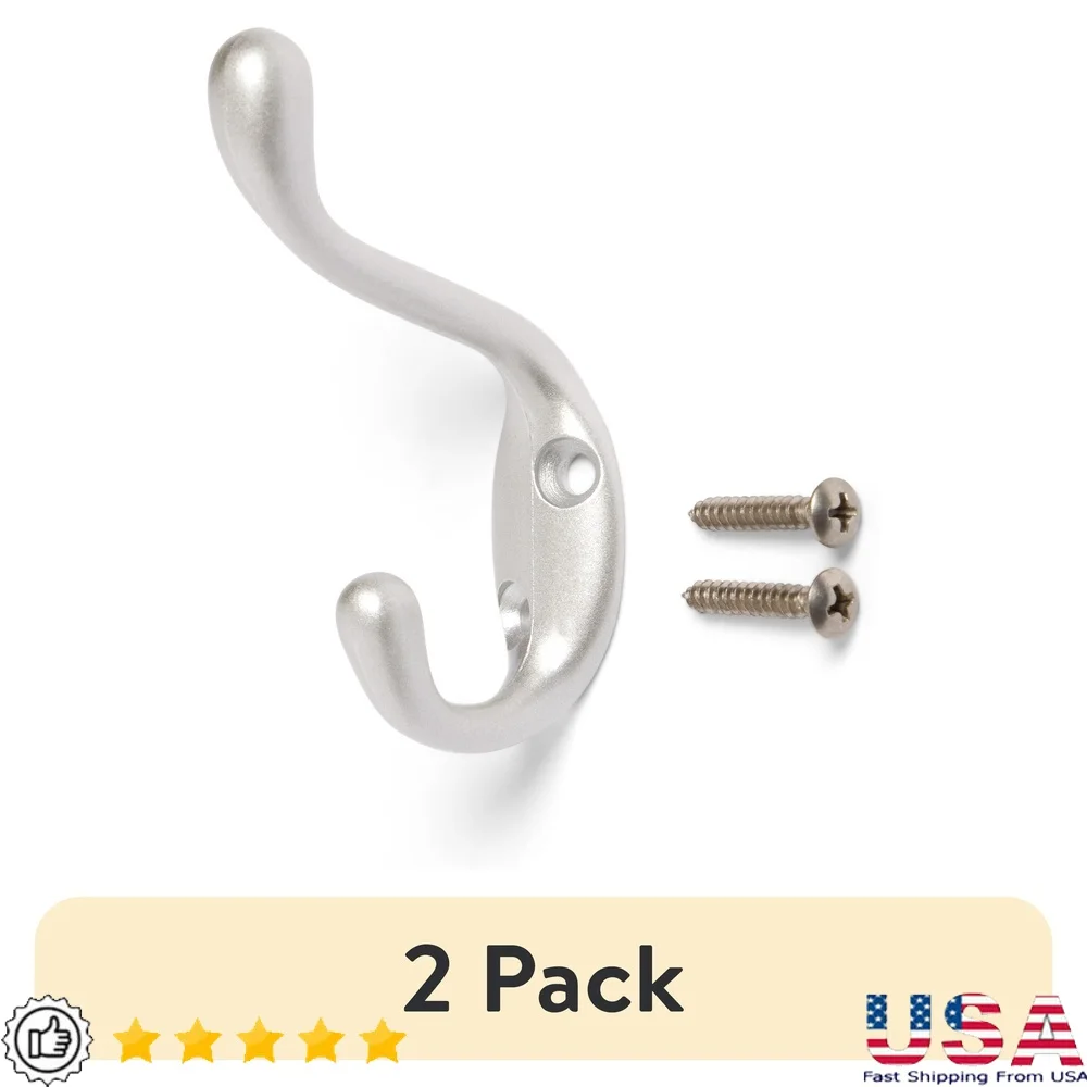 

2 упаковки, двойной крючок, атласный никель, металлическая вешалка для одежды, полотенца, куртки, шапки, емкость 10 фунтов, настенное решение для хранения