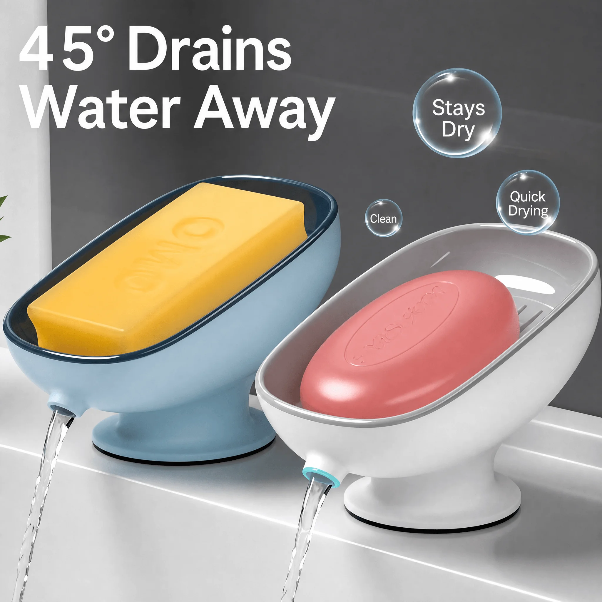 1Pcs White Self Draining Soap Dish 45° Tilt Design Soap Holder Suction Cup Non-Slip Soap Box Quick Drain Water For Bathroom Shower Sink Countertop