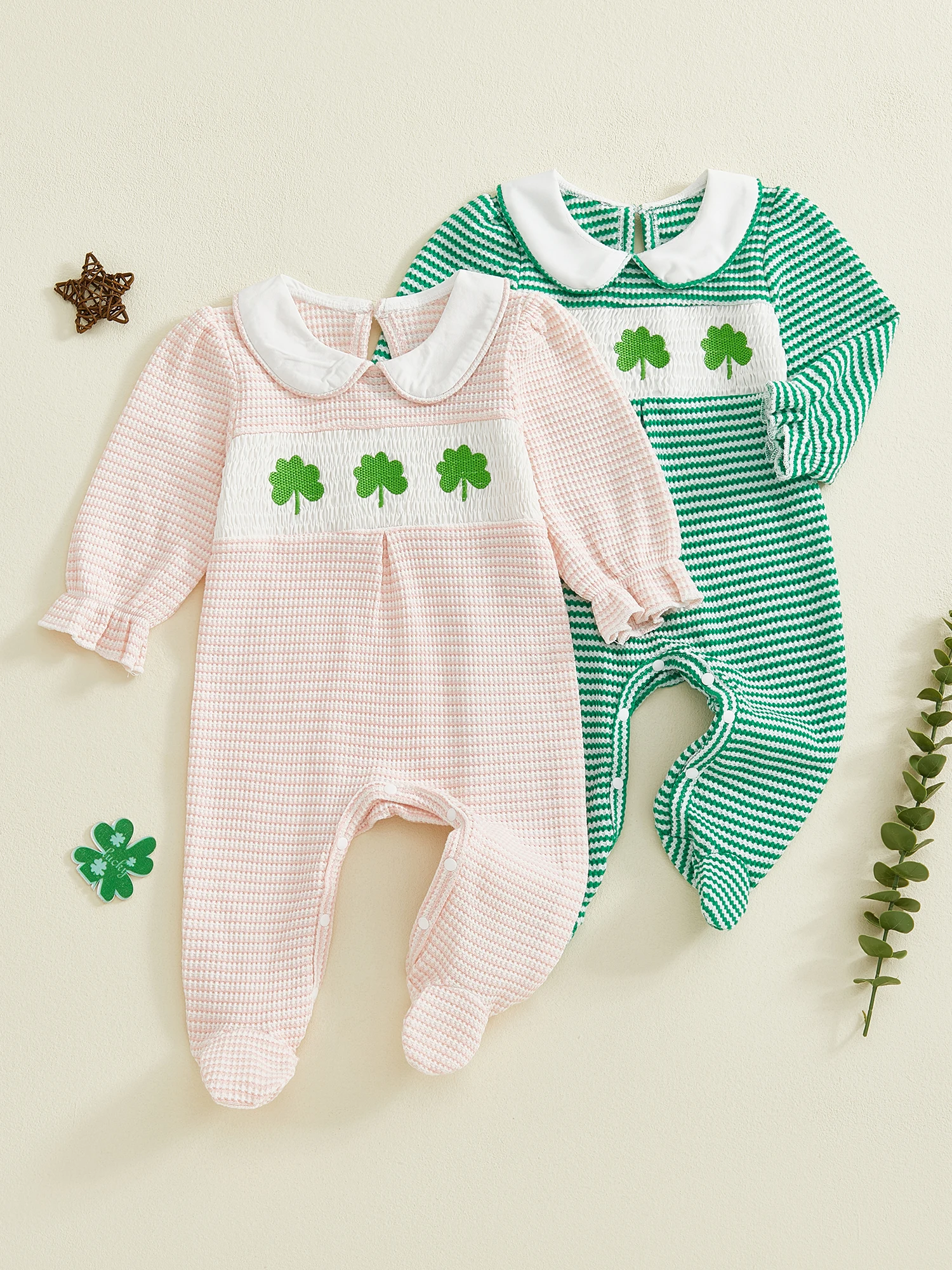 Adorables mamelucos para niña con mangas con volantes y bordado floral Mono con patas de primavera de algodón suave en rayas pastel