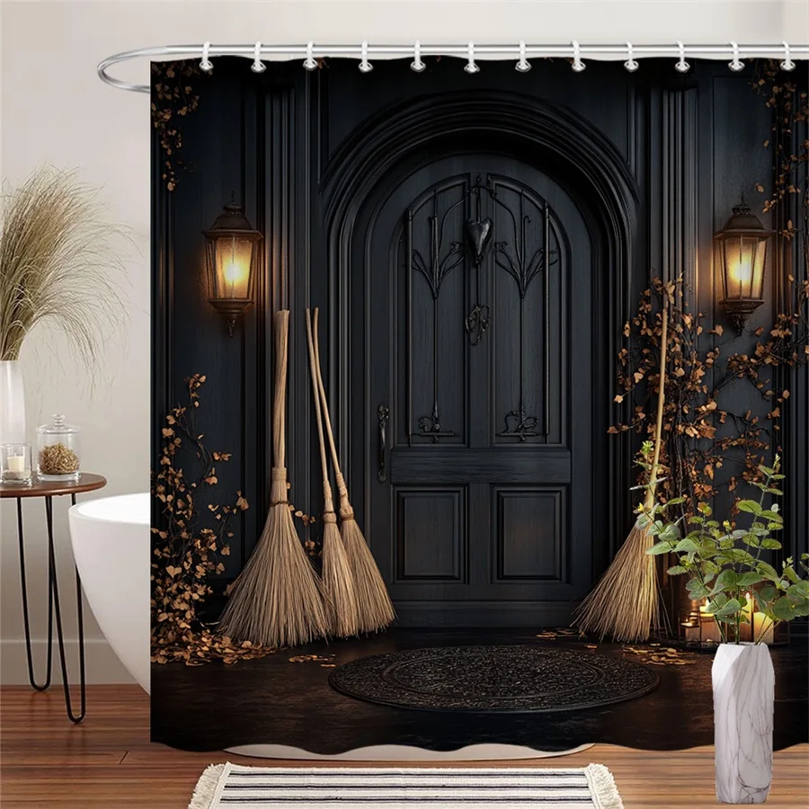 1pc Gothic Halloween Shower Curtain, Lanterns Brooms Dried Flowers Candles, Dark Aesthetic Bathroom Decor