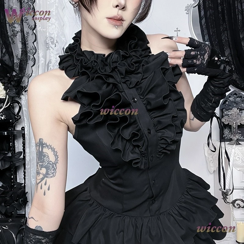 

Новое готическое платье в стиле Лолита-панк Jirai Kei для косплея, темное ретро-платье с высоким воротником, без рукавов, многоярусная короткая юбка, женское, на Хэллоуин