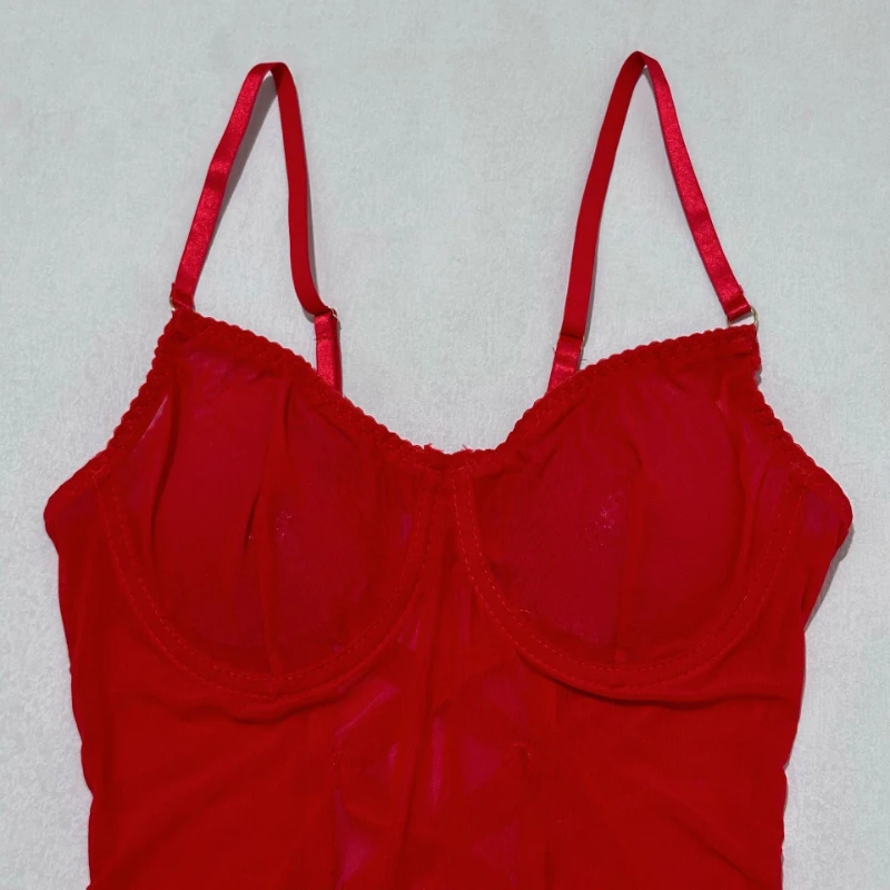 Push up หน้าอกสนับสนุนตาข่ายสปาเก็ตตี้ชุดสายรัดดูผ่านเซ็กซี่ Contrast สี Cross Lace - up Backless เซ็กซี่รัดตัว