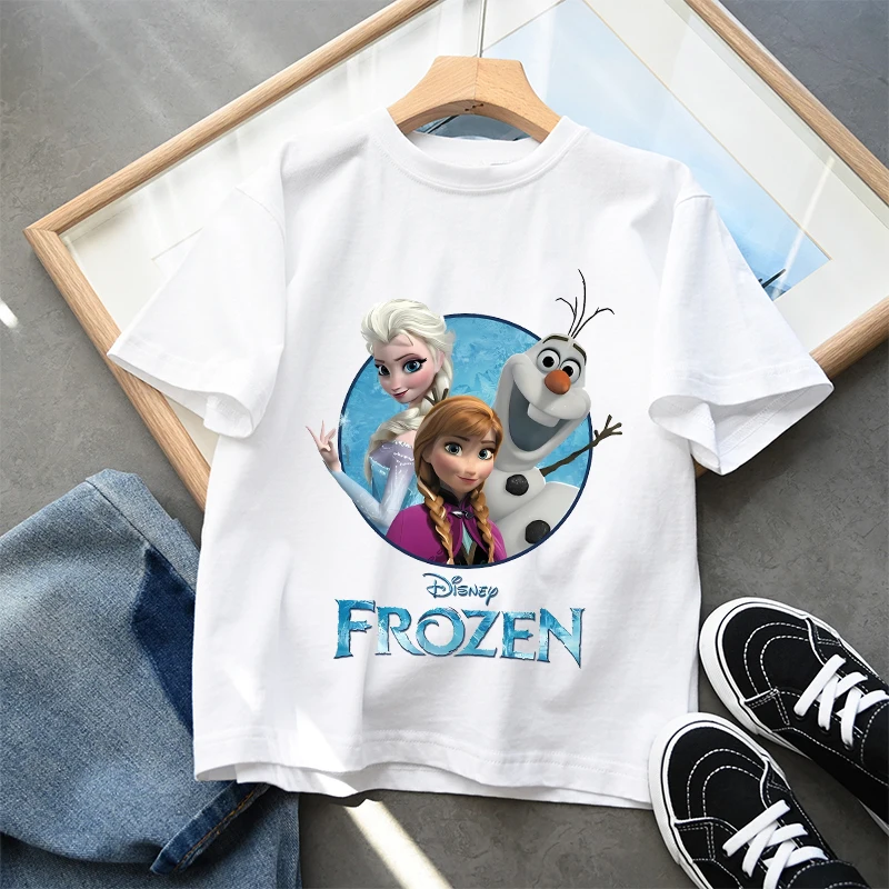 

Disney Anna Elsa Frozen T-shirt Boy Girl Kawaii Anime Pattern Short Sleeve Fashion Casual Tee Children's Home Clothing Top Gifts