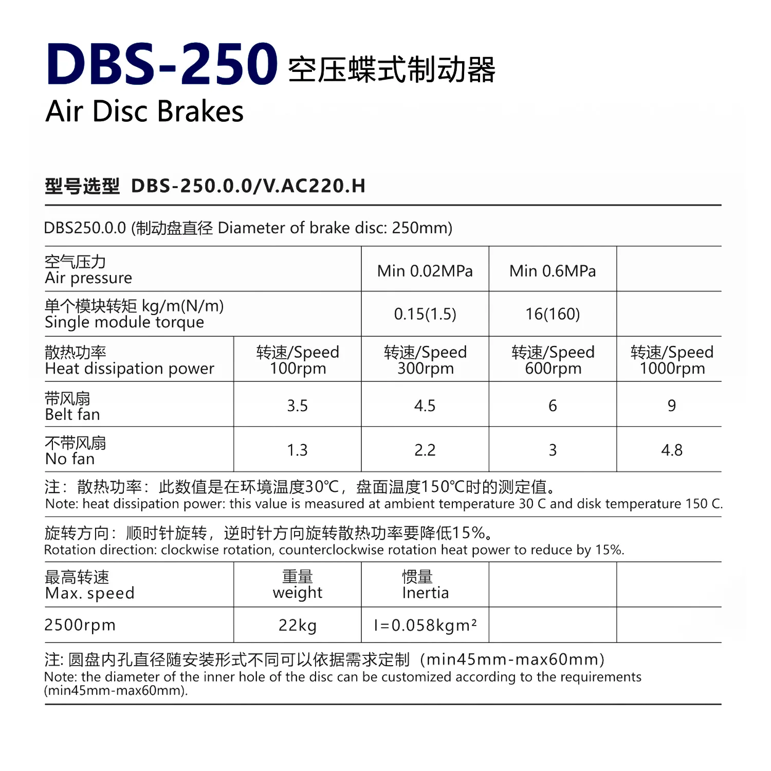 Shengda DBS250 Alternatif Kipas Pendingin Udara Rem Pneumatik Kondisi Baru dengan Rem Cakram Udara