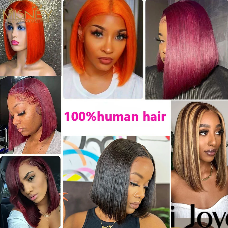 13x4 Lace Front Straight Short Bob Wig Highlight Transparent Lace Frontal Human Hair Wig For Women Ombre Colored Lace Front Wig